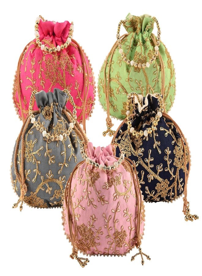 Anant Infinity Potli | Jute Handbags for women | Embroidered Women Potli Bag | Drawstring Bags for Wedding | Traditional Indian Goody Bags | Pack of 5 | Multicolor - Image 1